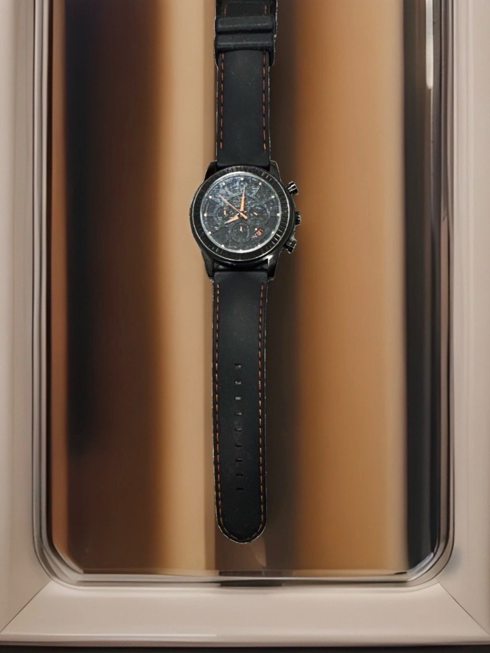 Croton Black Leather Chronograph Watch with Orange Accents